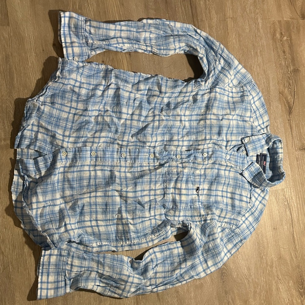 VINEYARD VINES Linen Button Down Shirt M Blue White Check Plaid Classic Tucker